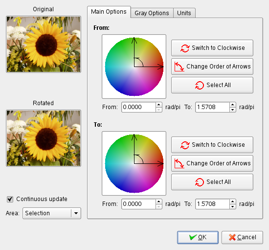 Hlavné voľby filtra Color Map Rotation (Otočenie mapy farieb)